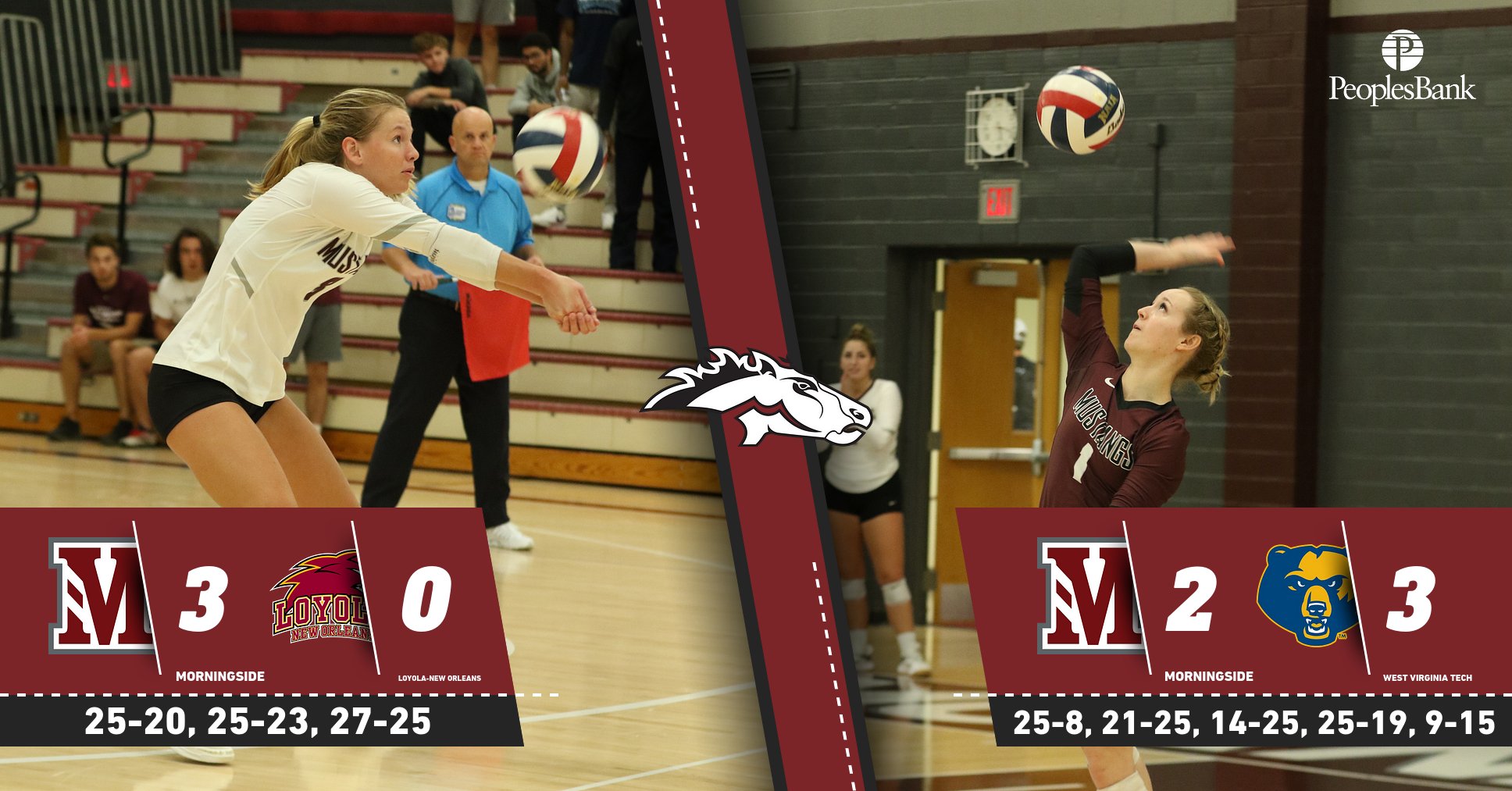 Mustangs split Saturday matches, defeating Loyola 3-0, and losing to West Virginia Tech 3-2.